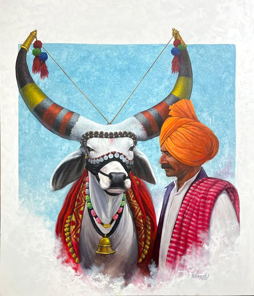 Nandi 2' religious acrylic painting by artist Vinayak Potdar, 42x36 inch, on canvas