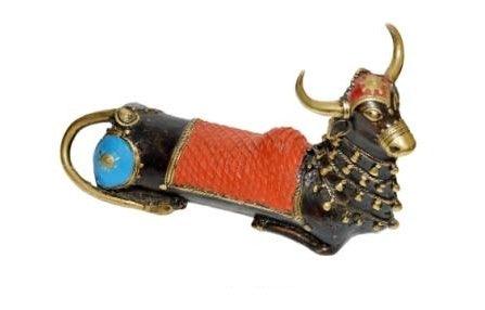 Religious sculpture titled 'Nandi 2', 6x9x3 inches, by artist Kushal Bhansali on Brass