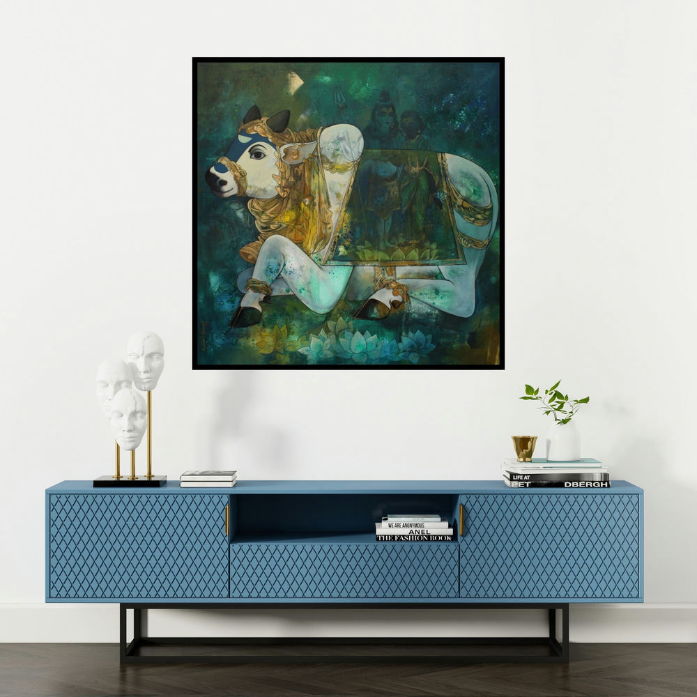 'Nandi (Nandi Shiva's Cosmic Guardian)' painting by N P Rajeshwarr shown on a wall in a furnished room.