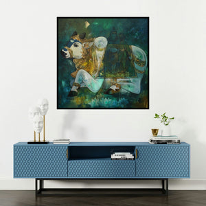 'Nandi (Nandi Shiva's Cosmic Guardian)' painting by N P Rajeshwarr shown on a wall in a furnished room.