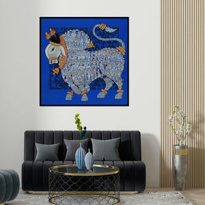Vivek Kumavat's 'Nandi 25' painting visualized above a sofa in a contemporary room.