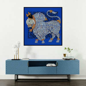 'Nandi 25' painting by Vivek Kumavat shown on a wall in a furnished room.