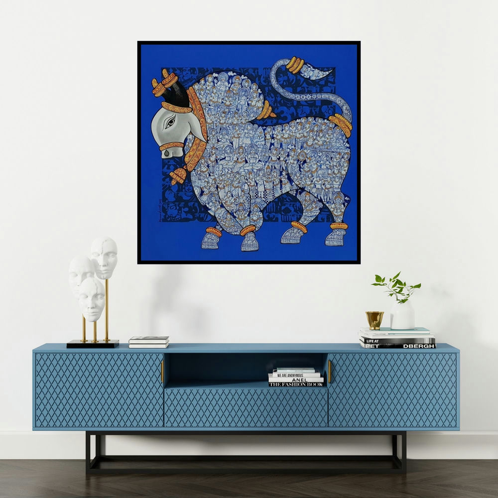 'Nandi 25' painting by Vivek Kumavat shown on a wall in a furnished room.