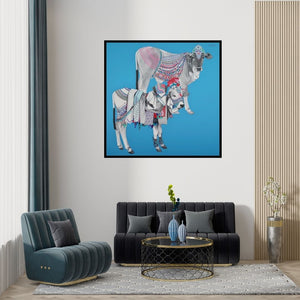 Preview of 'Nandi 3 (A Majestic Duo)' Painting by Mohammed Osman shown on a wall in a furnished room.