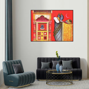 Ashok Rathod's 'Nandi 3 (Nandi's Devotion)' painting visualized above a sofa in a contemporary room.