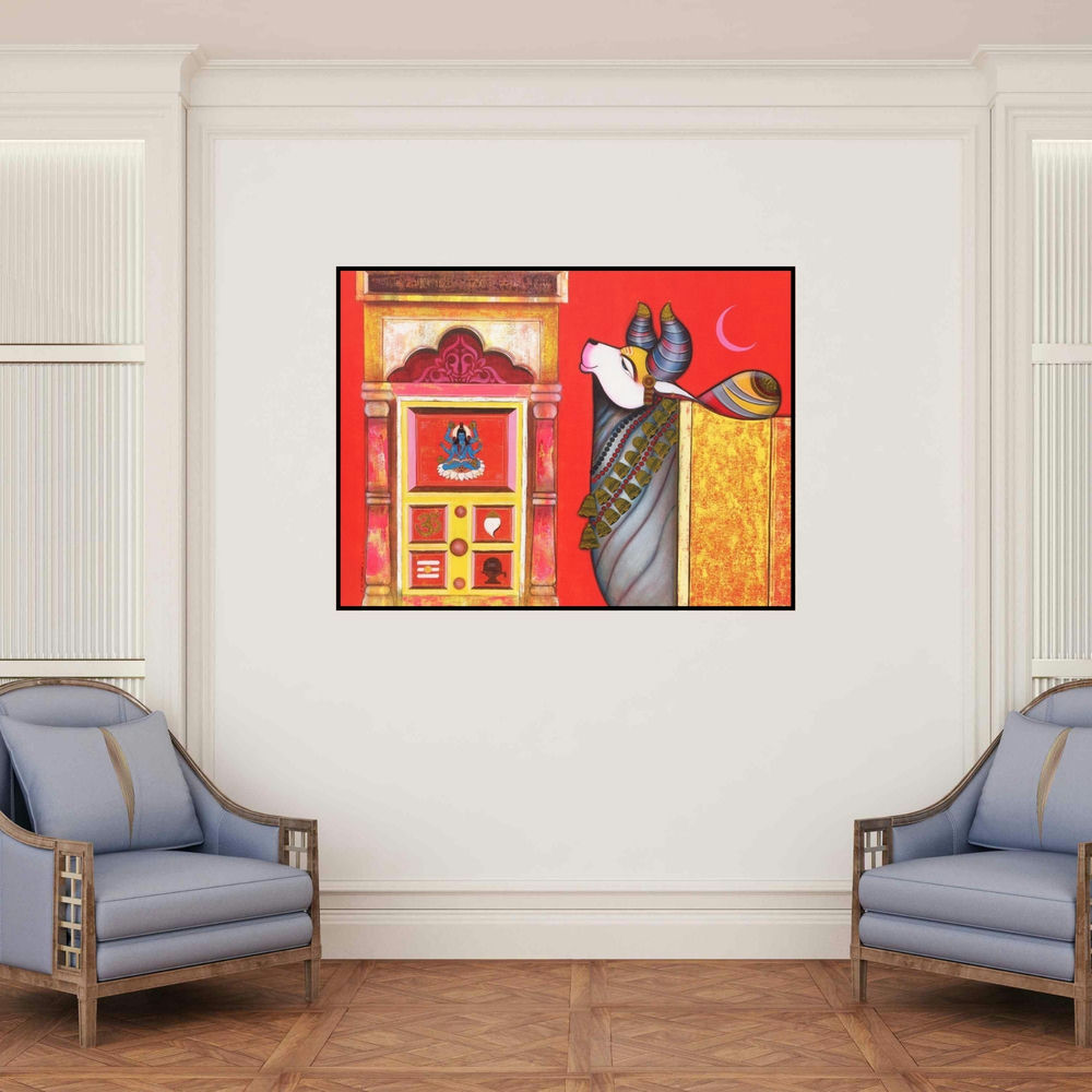 'Nandi 3 (Nandi's Devotion)' painting by Ashok Rathod shown on a wall in a furnished room.