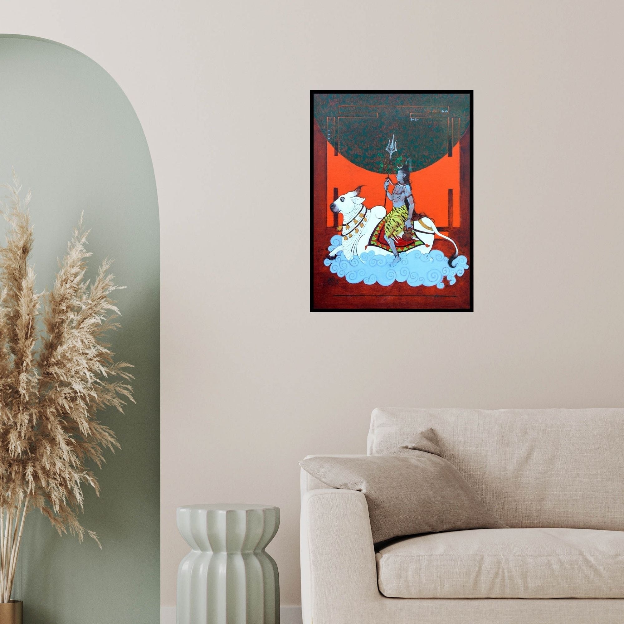 In-situ view of Ramchandra Kharatmal's 'Nandi 3 (Shiva's Journey on Nandi)' painting in a room