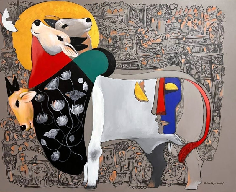 'Nandi 3' religious acrylic painting by artist Jiban Biswas, 48x60 inch, on canvas
