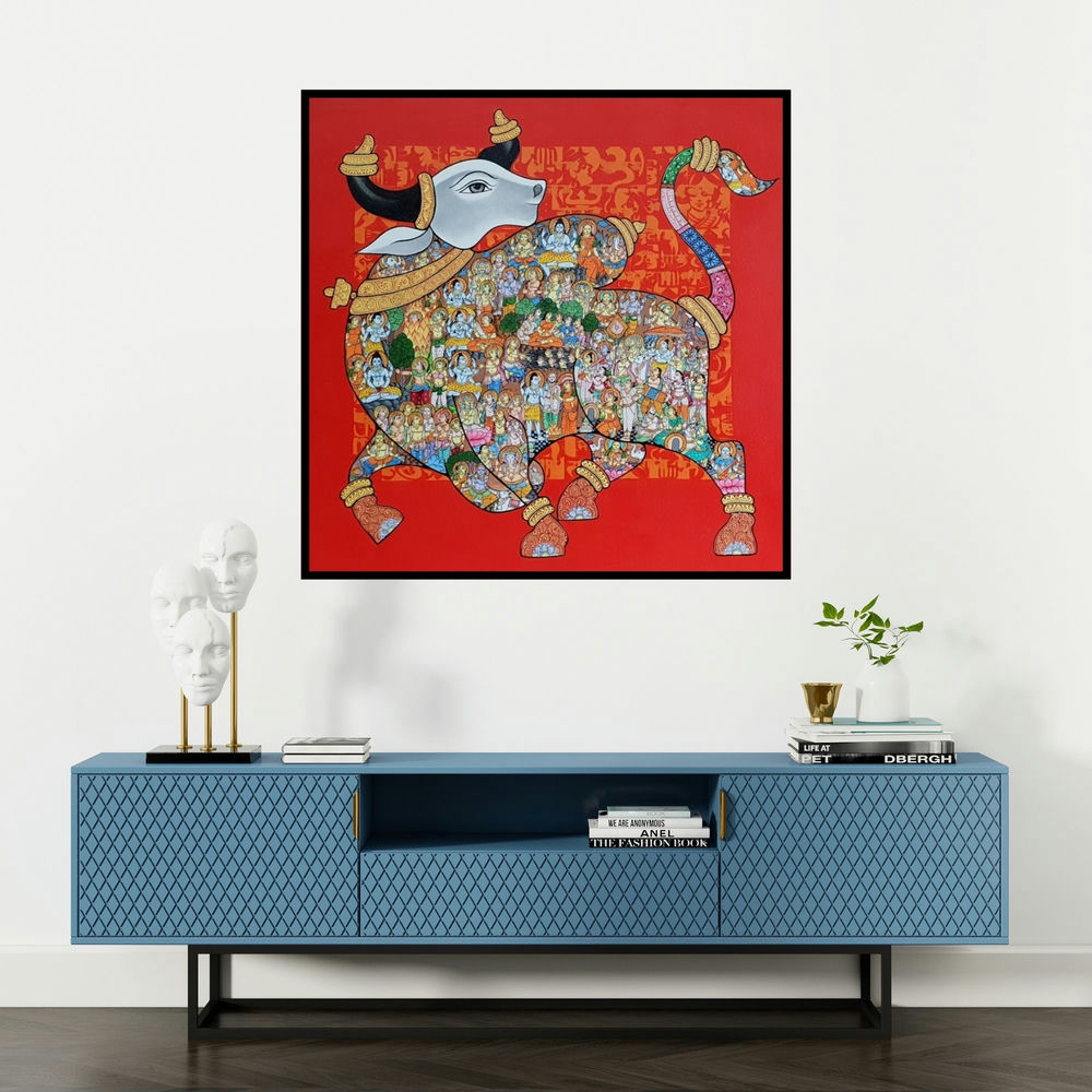 'Nandi 38' painting by Vivek Kumavat shown on a wall in a furnished room.