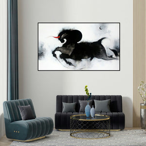 Amol Pawar's 'Nandi (Celestial Charge)' painting visualized above a sofa in a contemporary room.