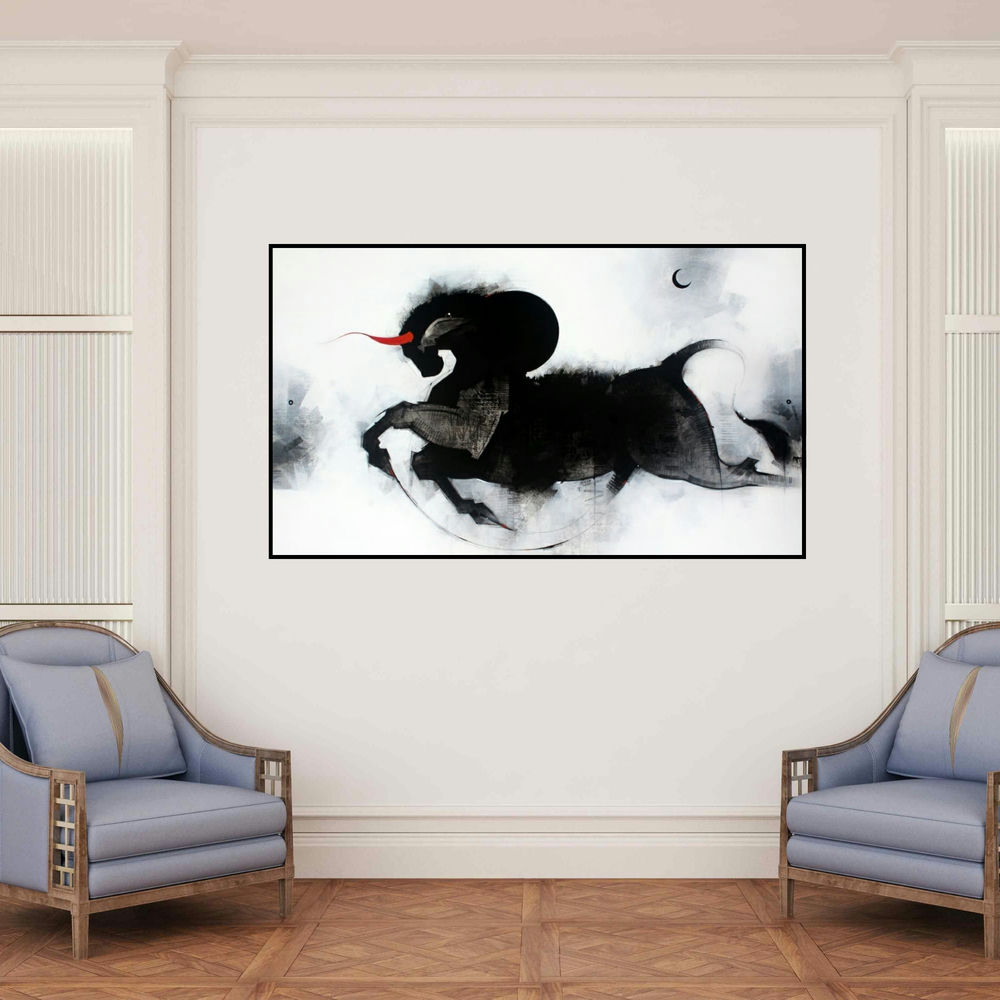 'Nandi (Celestial Charge)' painting by Amol Pawar shown on a wall in a furnished room.