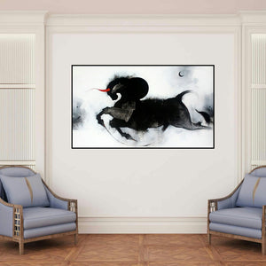 'Nandi (Celestial Charge)' painting by Amol Pawar shown on a wall in a furnished room.