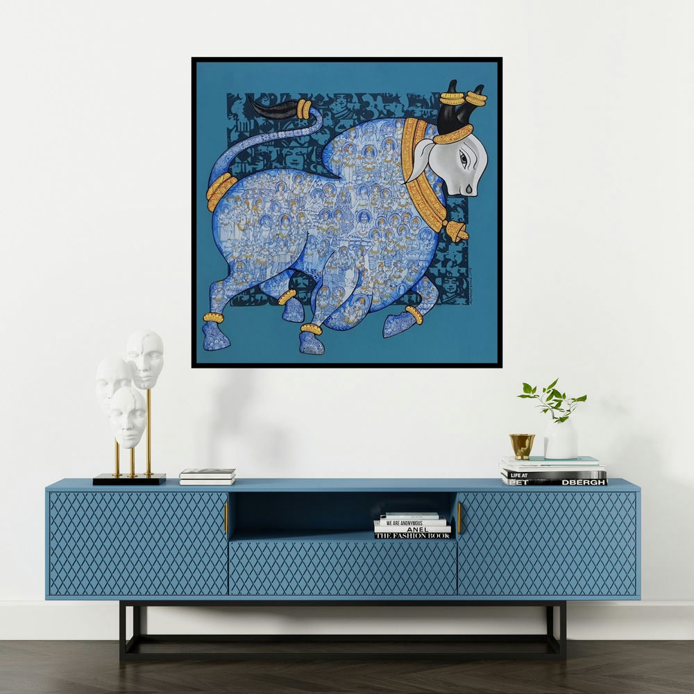 'Nandi 45' painting by Vivek Kumavat shown on a wall in a furnished room.