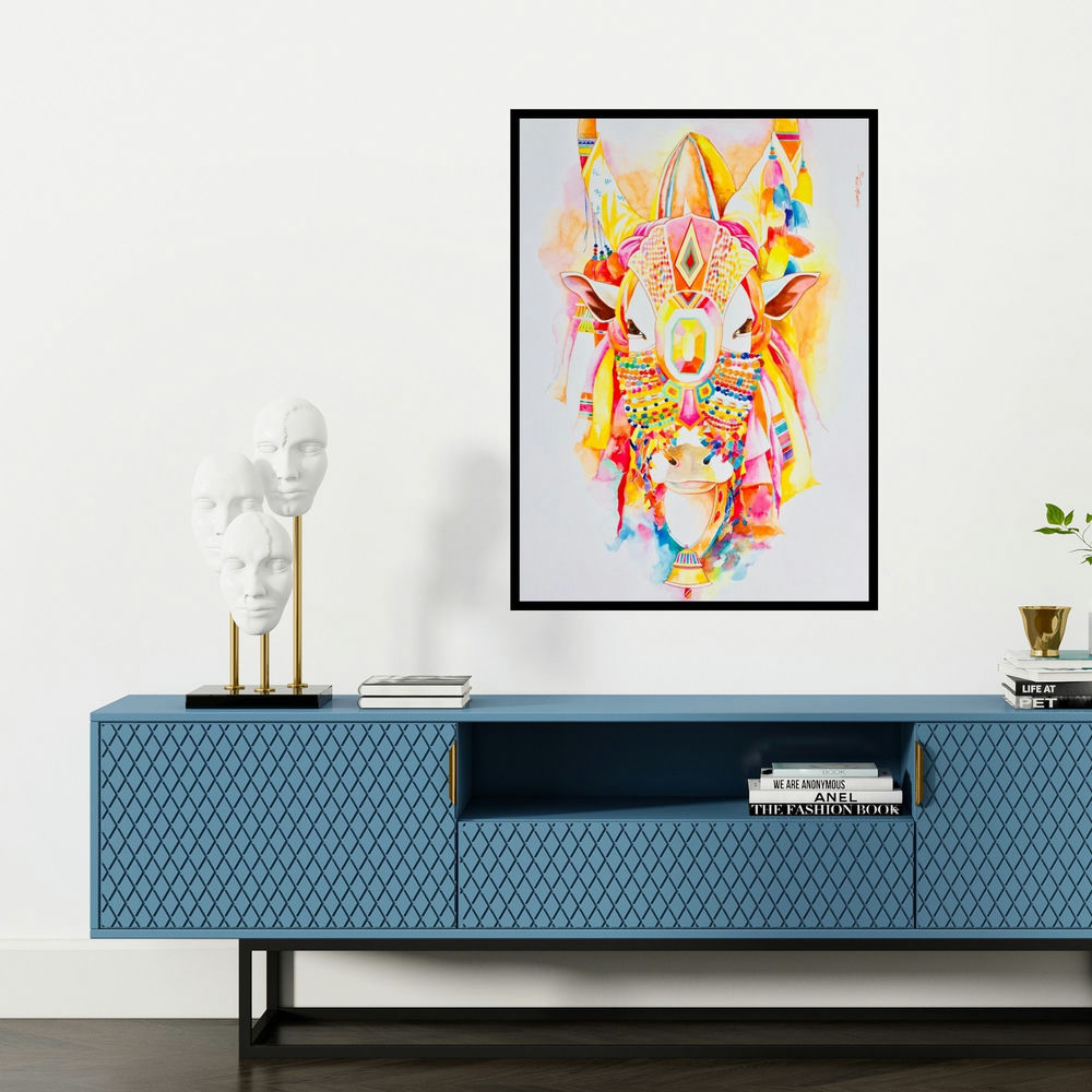 'Nandi 5 (A Majestic Spectacle)' painting by Mohammed Osman shown on a wall in a furnished room.