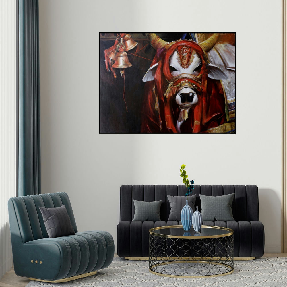 'Nandi (The Sacred Guardian)' painting by Jiban Biswas shown on a wall in a furnished room.