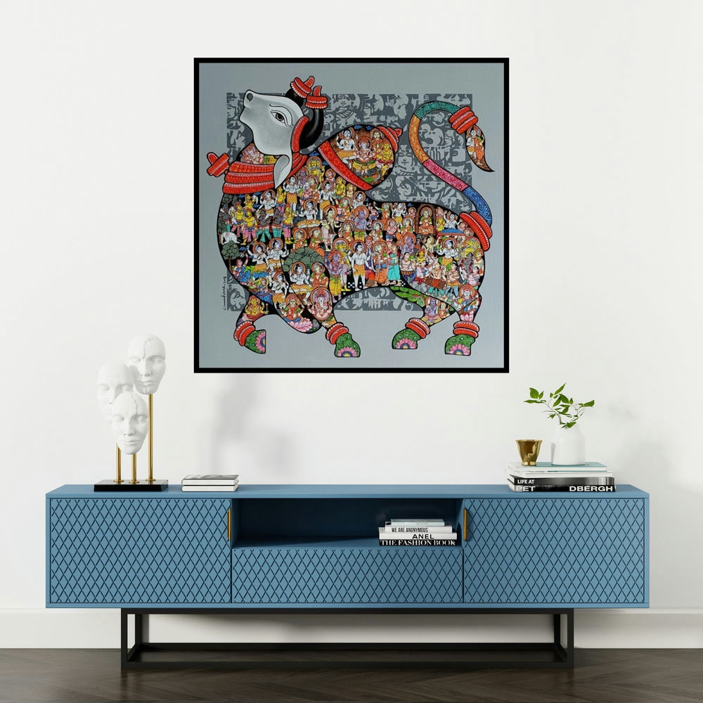 'Nandi 56' painting by Vivek Kumavat shown on a wall in a furnished room.