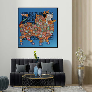 Vivek Kumavat's 'Nandi 58' painting visualized above a sofa in a contemporary room.