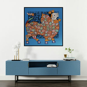 'Nandi 58' painting by Vivek Kumavat shown on a wall in a furnished room.