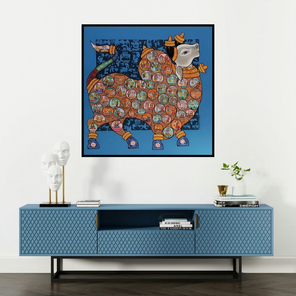 'Nandi 58' painting by Vivek Kumavat shown on a wall in a furnished room.