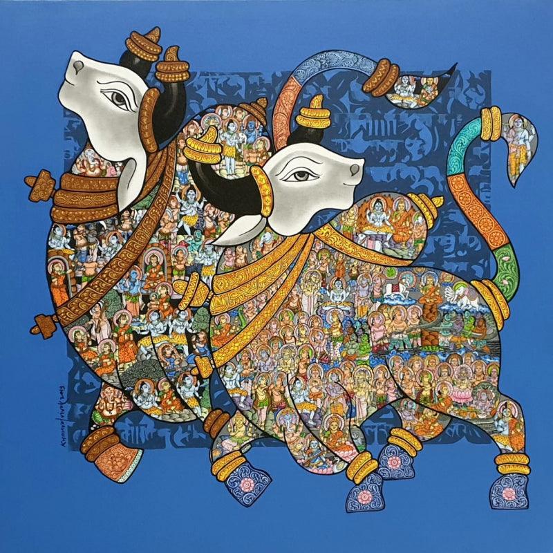 Animals acrylic painting titled 'Nandi 60', 36x36 inches, by artist Vivek Kumavat on Canvas