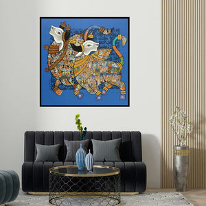 Vivek Kumavat's 'Nandi 60' painting visualized above a sofa in a contemporary room.