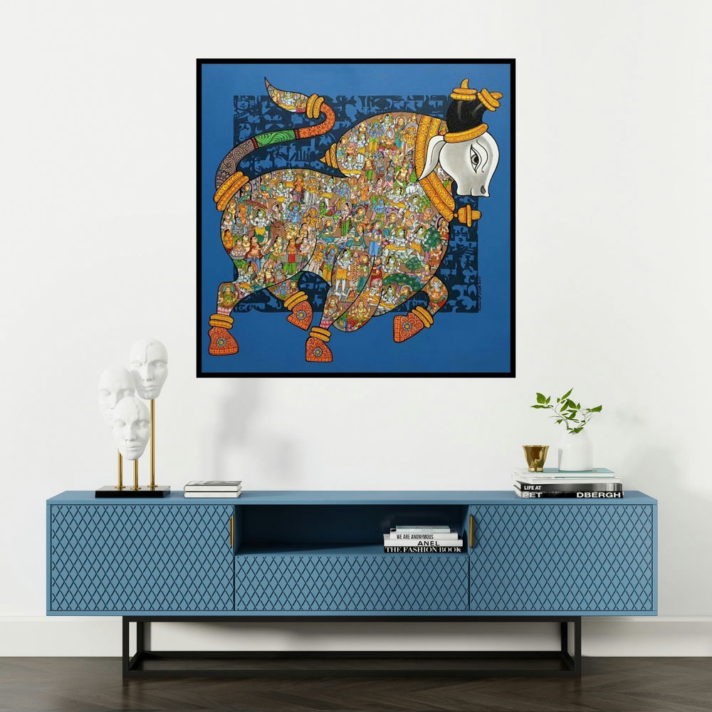 'Nandi 62' painting by Vivek Kumavat shown on a wall in a furnished room.