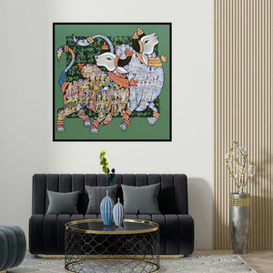 Vivek Kumavat's 'Nandi 64' painting visualized above a sofa in a contemporary room.