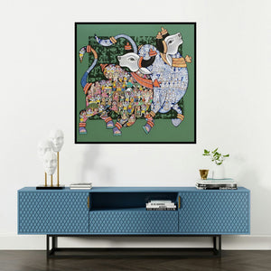 'Nandi 64' painting by Vivek Kumavat shown on a wall in a furnished room.