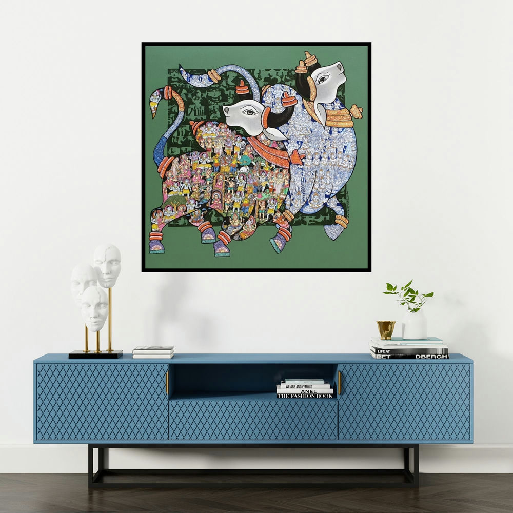 'Nandi 64' painting by Vivek Kumavat shown on a wall in a furnished room.