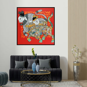Vivek Kumavat's 'Nandi 65' painting visualized above a sofa in a contemporary room.