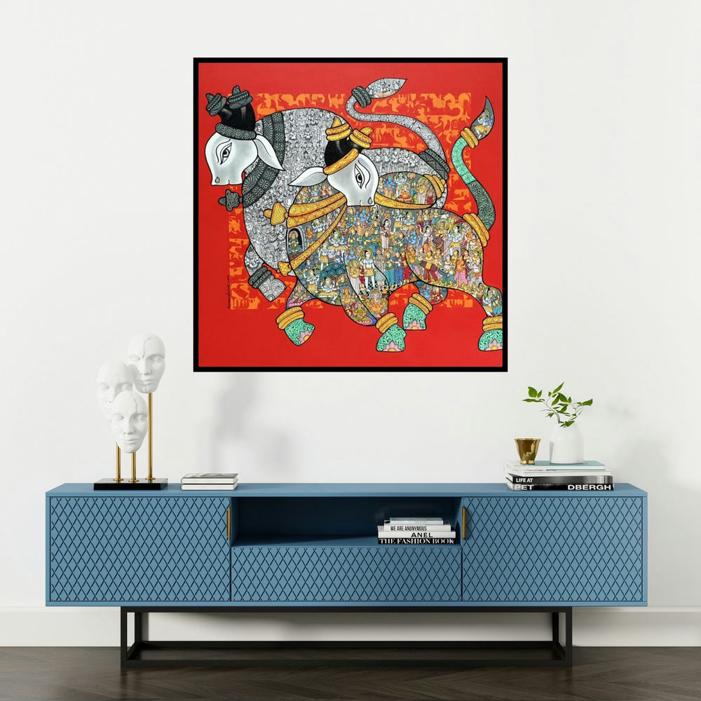 'Nandi 65' painting by Vivek Kumavat shown on a wall in a furnished room.