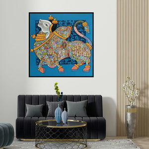 Vivek Kumavat's 'Nandi 71' painting visualized above a sofa in a contemporary room.