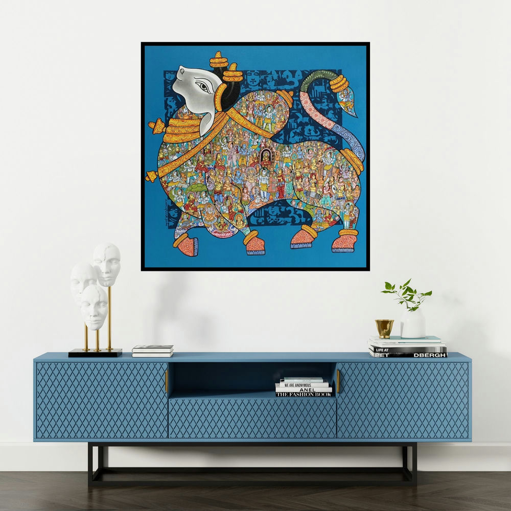 'Nandi 71' painting by Vivek Kumavat shown on a wall in a furnished room.