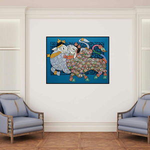 'Nandi 72' painting by Vivek Kumavat shown on a wall in a furnished room.