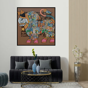 Vivek Kumavat's 'Nandi 73 (Sacred Nandi: A Miniature Mosaic)' painting visualized above a sofa in a contemporary room.