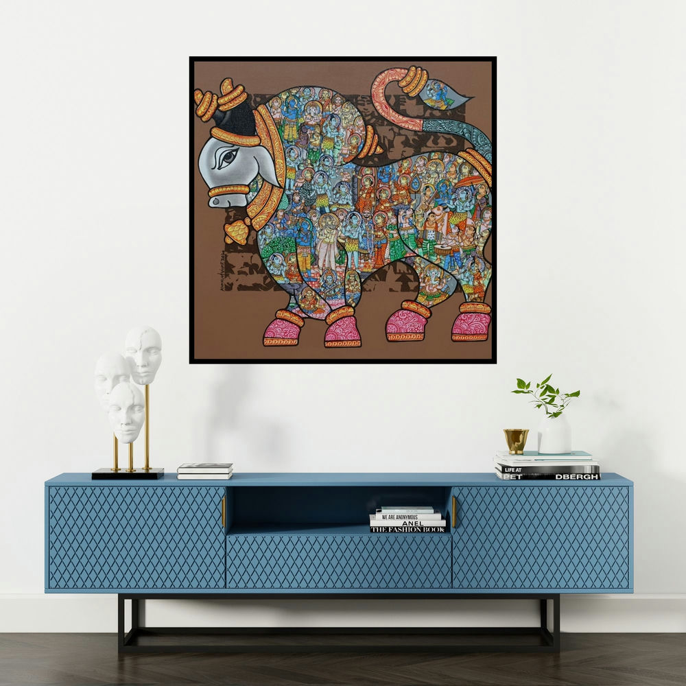 'Nandi 73 (Sacred Nandi: A Miniature Mosaic)' painting by Vivek Kumavat shown on a wall in a furnished room.