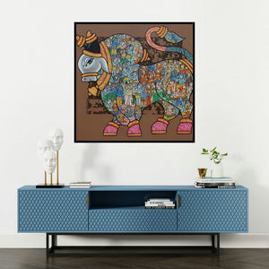 'Nandi 73 (Sacred Nandi: A Miniature Mosaic)' painting by Vivek Kumavat shown on a wall in a furnished room.