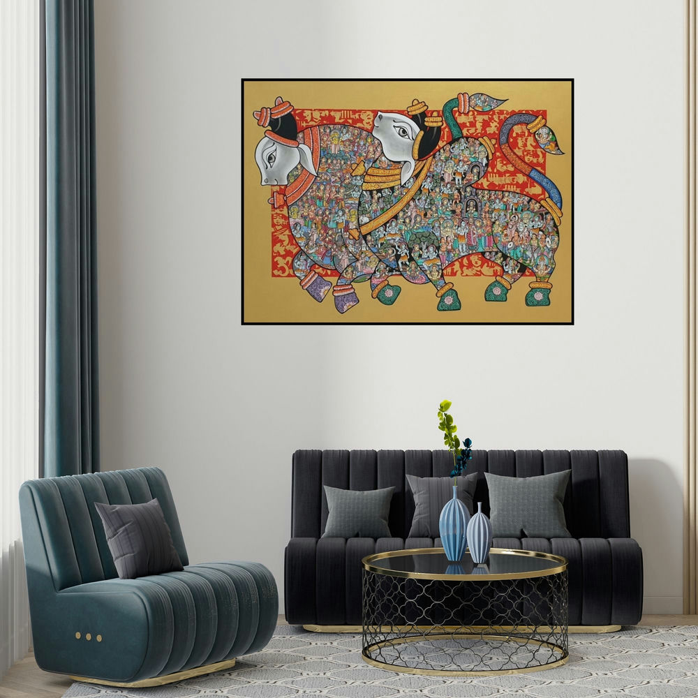 'Nandi 74 (Sacred Nandi Pair)' painting by Vivek Kumavat shown on a wall in a furnished room.