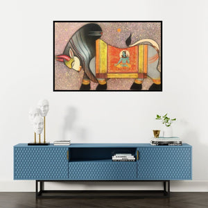 Preview of 'Nandi (Nandi's Divine Vision)' Painting by Ashok Rathod shown on a wall in a furnished room.