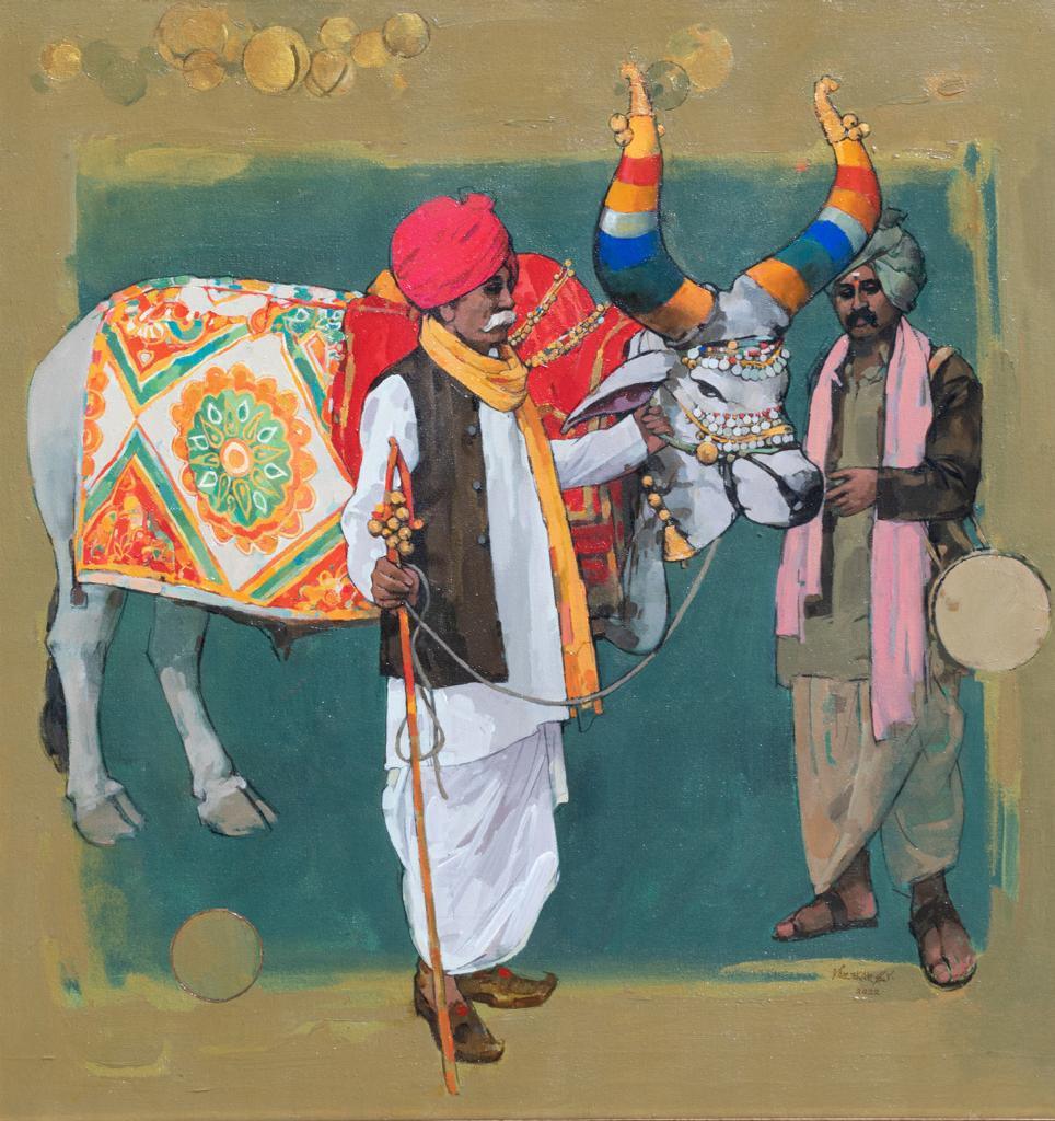 Figurative acrylic painting titled 'Nandi And Man', 31x30 inches, by artist Satyajeet Varekar on Canvas