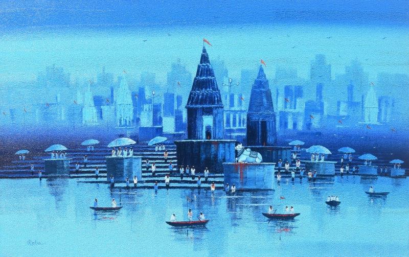 Religious acrylic painting titled 'Nandi On Banaras Ghat', 30x48 inches, by artist Reba Mandal on Canvas