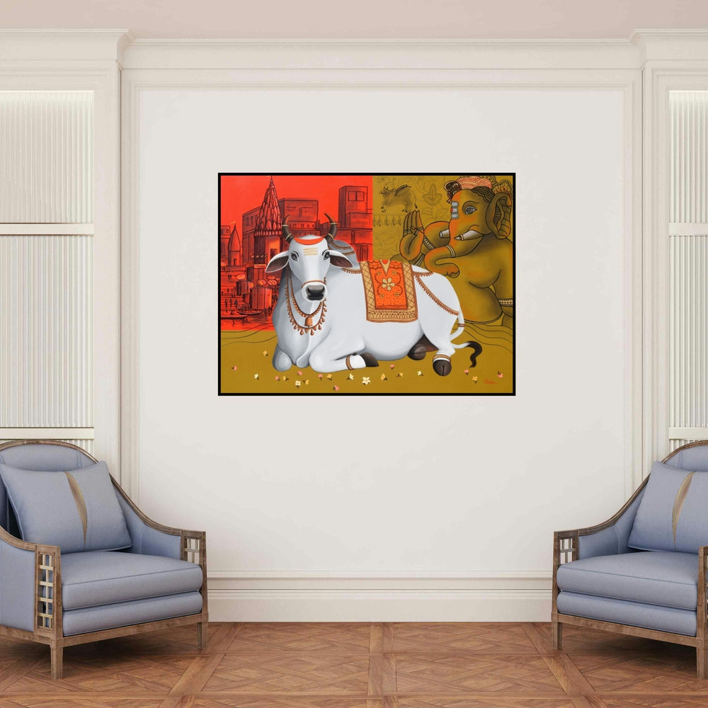 'Nandi On Banaras Ghat (Blessings of the Divine)' painting by Reba Mandal shown on a wall in a furnished room.