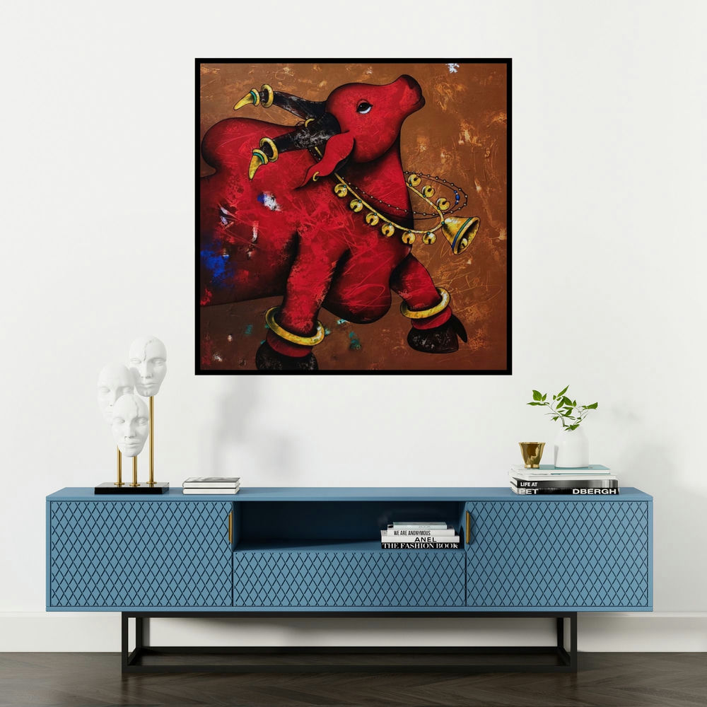 'Nandi Bull 1 (Nandi's Gaze)' painting by Paras Parmar shown on a wall in a furnished room.