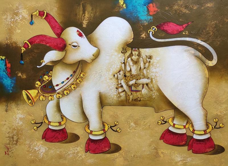 Religious mixed media painting titled 'Nandi Bull 2', 36x48 inches, by artist Paras Parmar on Canvas