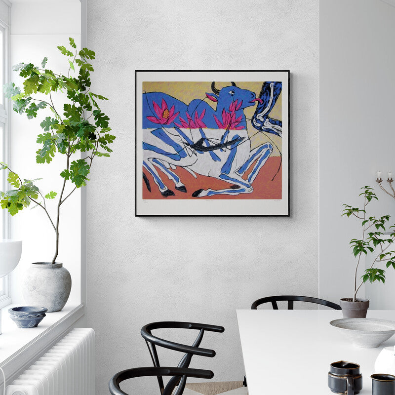 In-situ view of Amit Ambalal's 'Nandi Cure (Sacred Bull)' painting in a room