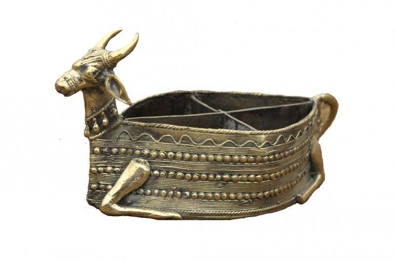Lifestyle craft titled 'Nandi Dry Fruit Stand', 12x7x6 inches, by artist Bhansali Art on Brass