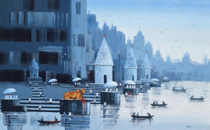 Religious acrylic painting titled 'Nandi On Banaras Ghat 1', 30x48 inches, by artist Reba Mandal on Canvas