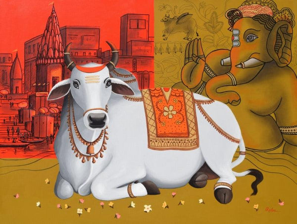 Nandi On Banaras Ghat 13 painting by Reba Mandal