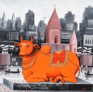Religious acrylic painting titled 'Nandi On Banaras Ghat 2', 36x36 inches, by artist Reba Mandal on Canvas