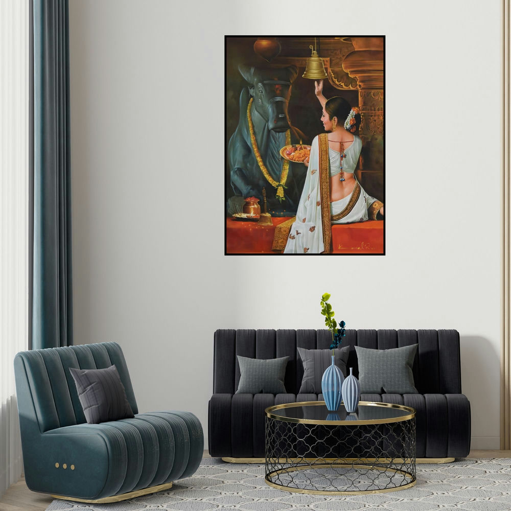 'Nandi Puja' painting by Kamal Rao shown on a wall in a furnished room.